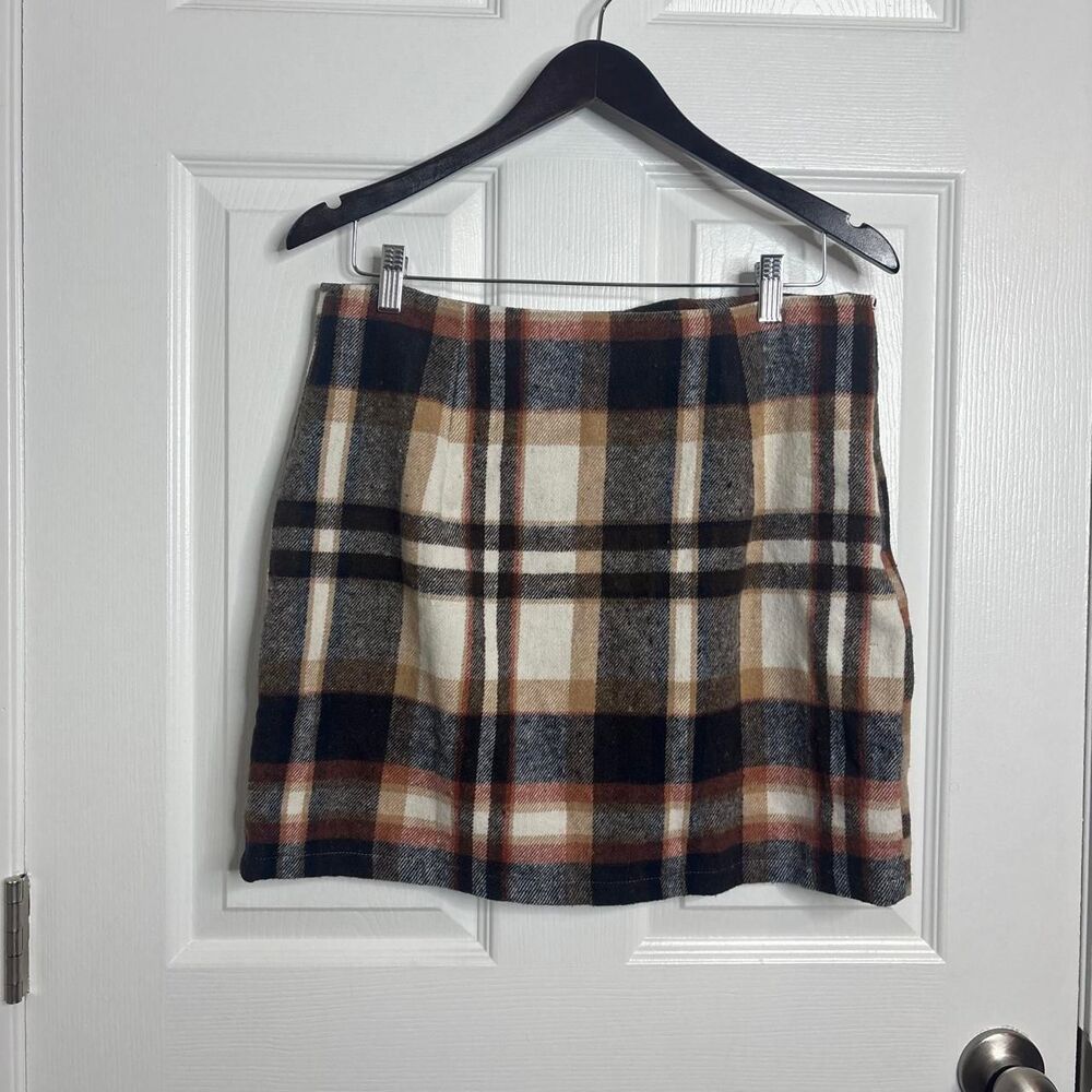 Boutique Plaid High Rise Mini Skirt Brown Tan Cream Side Zip Size L